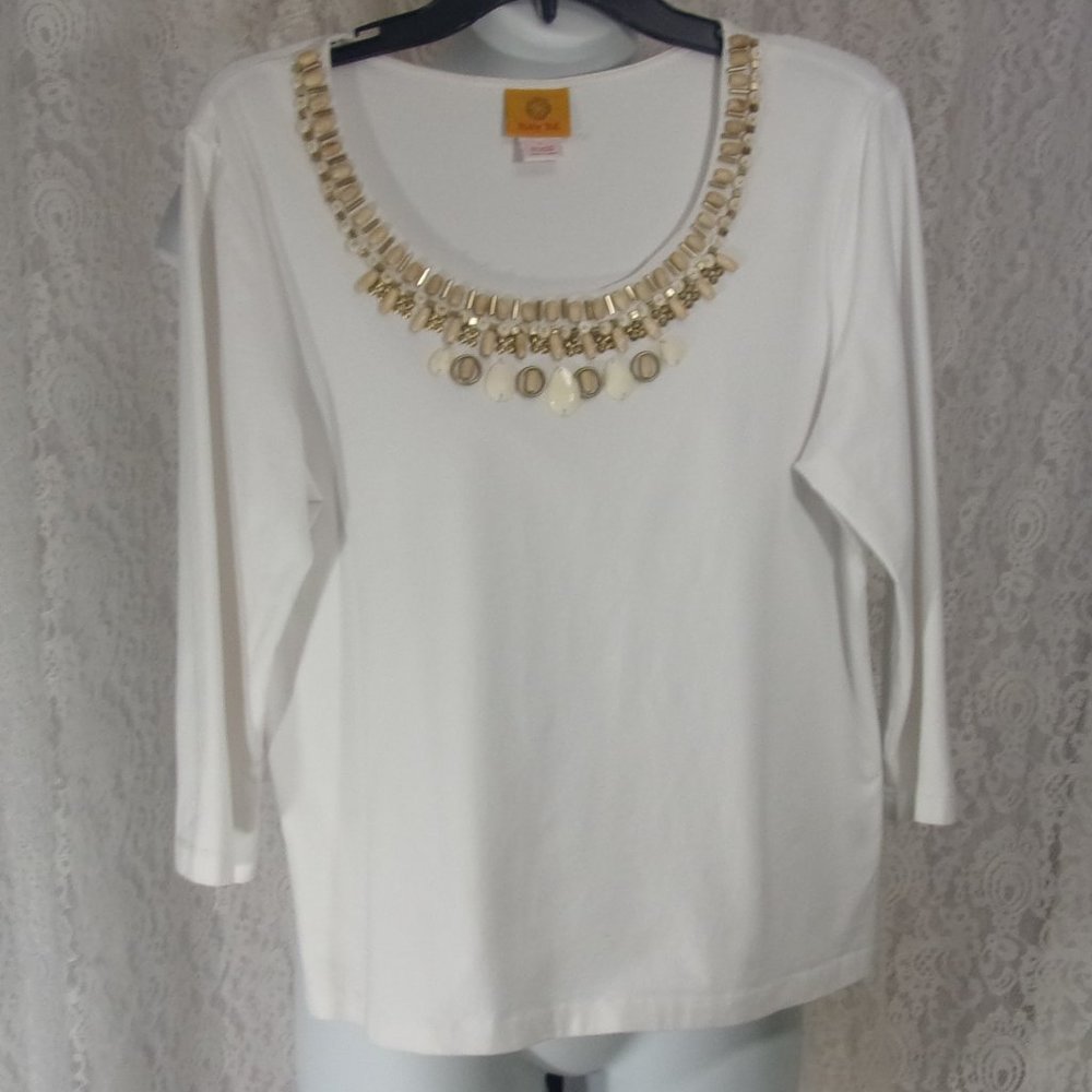Ruby Rd White Knit Top Blouse Gold Ivory Wooden Beads Accents Size  L